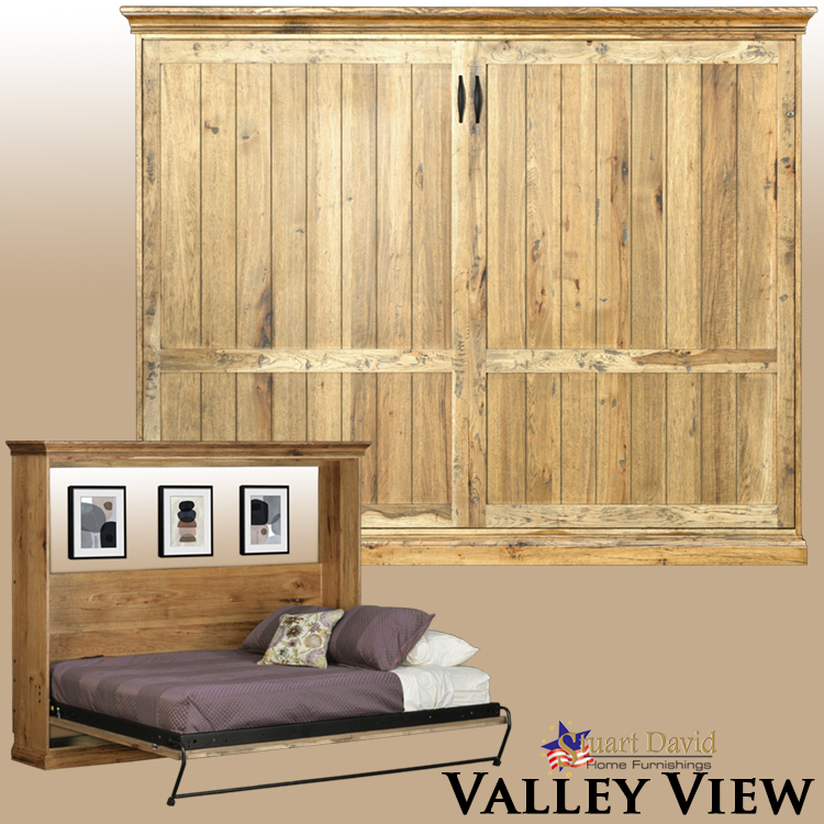 Valley View Horizontal Wall Bed Murphy Bed in Rustic Hickory with Purple Quilt