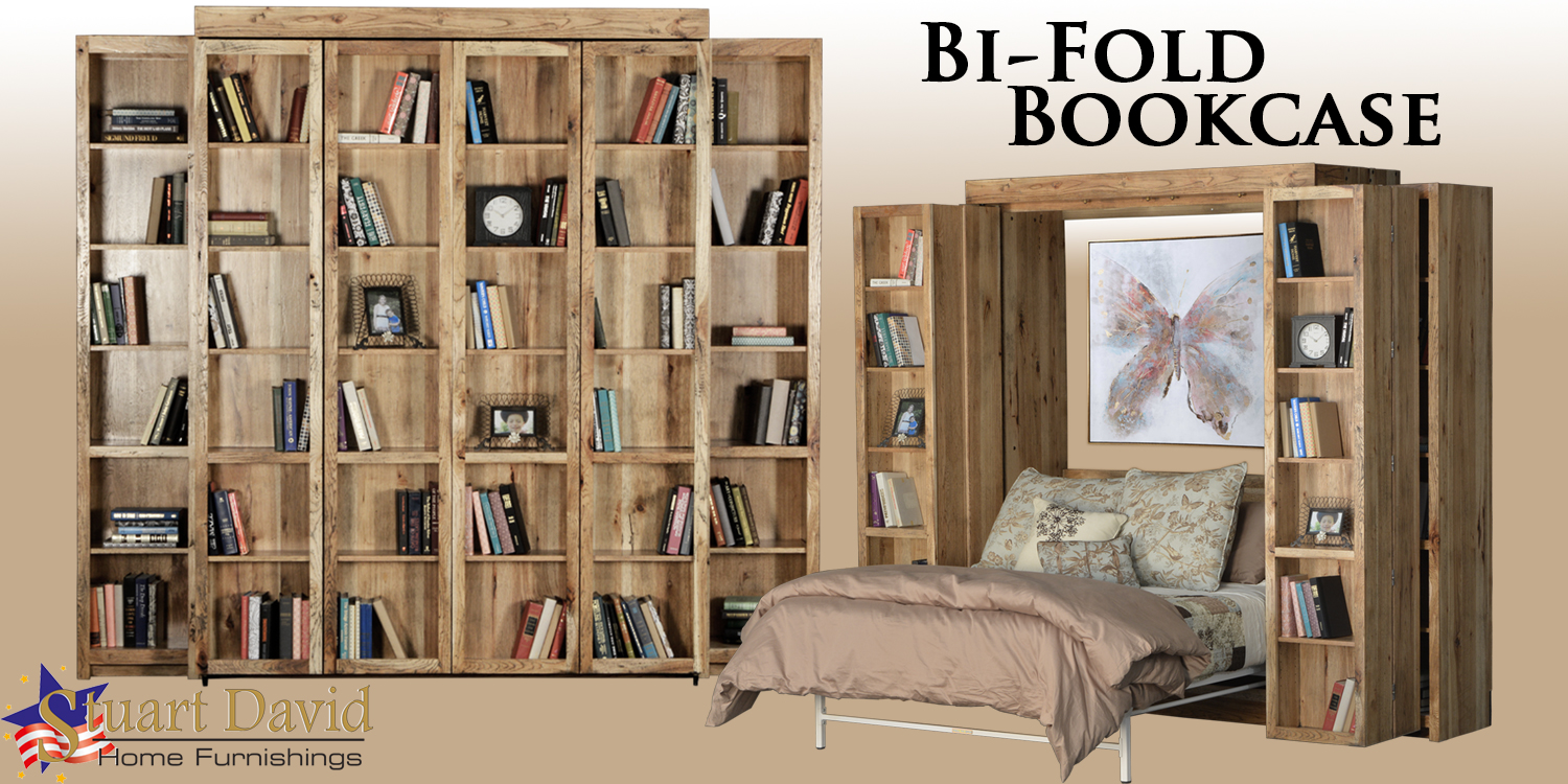 Bi-Fold Bookcase Wall Bed Murphy Bed in Rustic Hickory handcrafted American Made