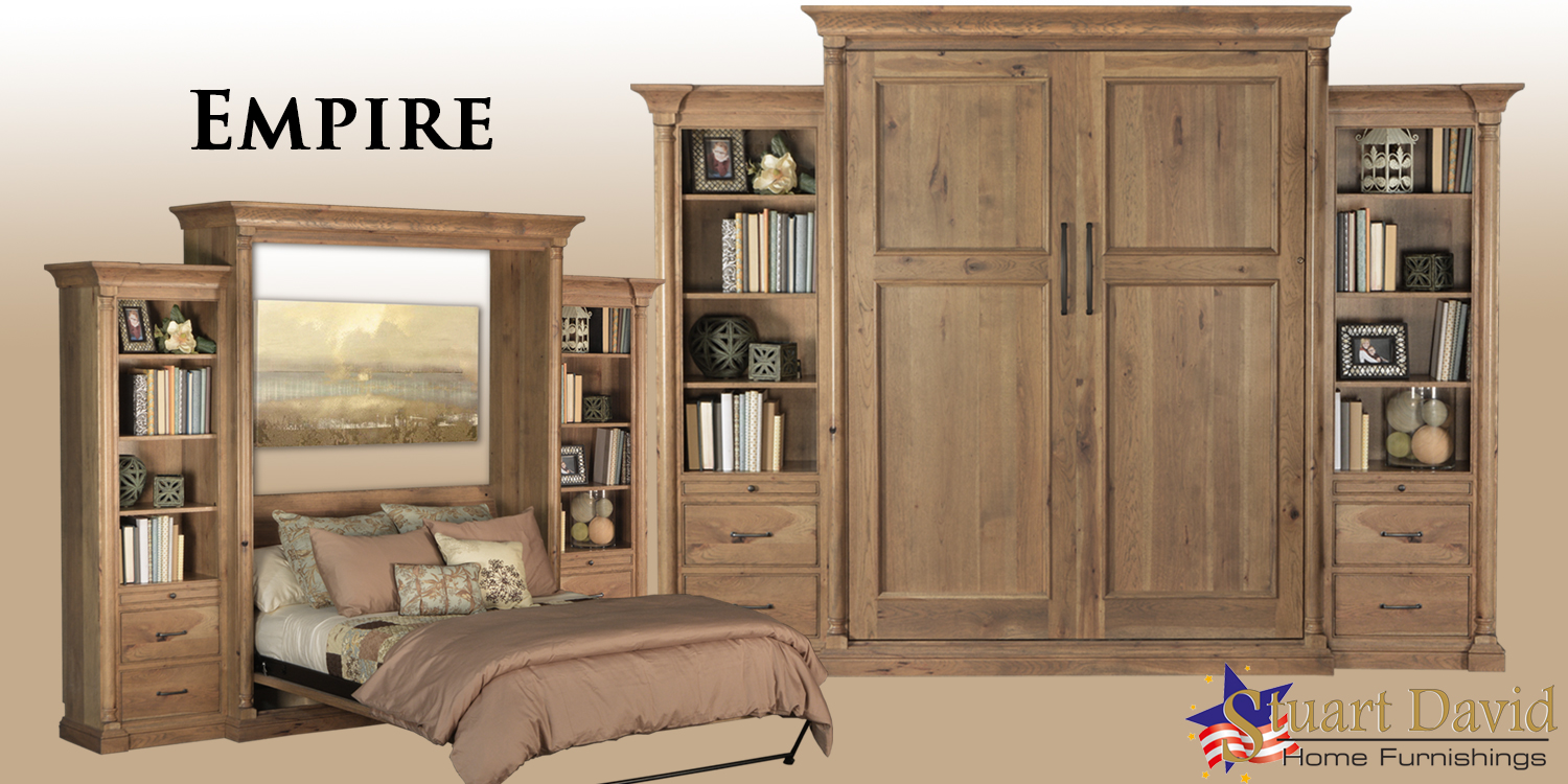 Empire Deluxe Wall Bed Murphy Bed in Rustic Hickory Columns Heavy Crown Molding Thick Baseboard