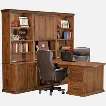 Double sided desk with outlet hutch